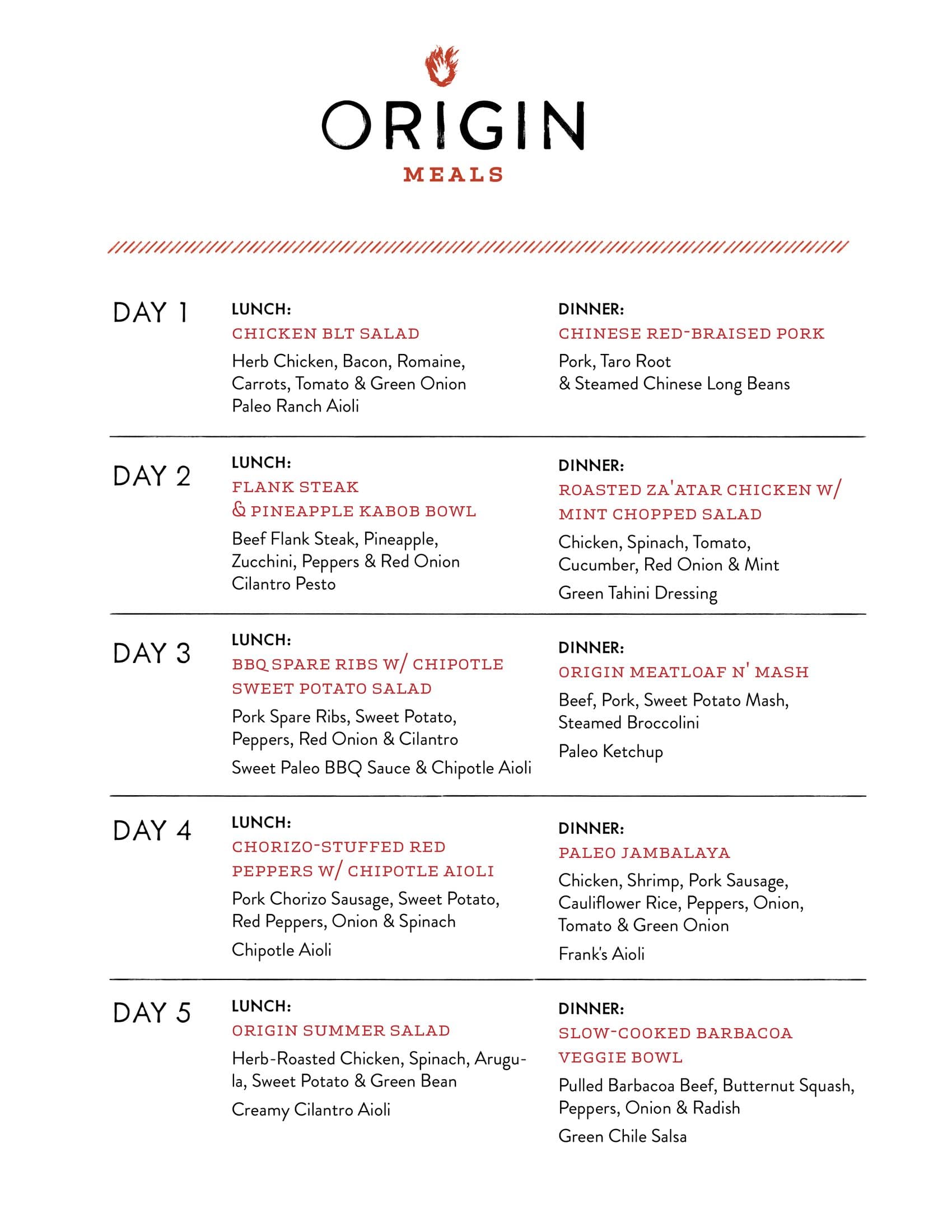 Origin Meals weekly sample menu: the wordmark above a hatched rust rule, then five days of lunch and dinner in two columns, each dish named in rust with its ingredients beneath.